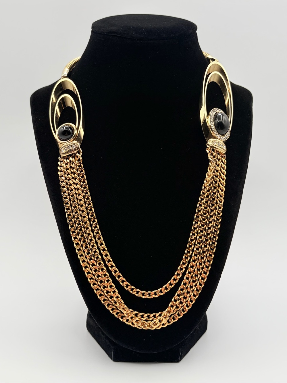 Vintage Gold Tone Multi Chain Necklace Black Cabochon Statement